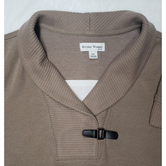 Studio Works Petite XL Tan Pullover Sweater – Collared V-Neck Faux Buckle Detail - Picture 6 of 8